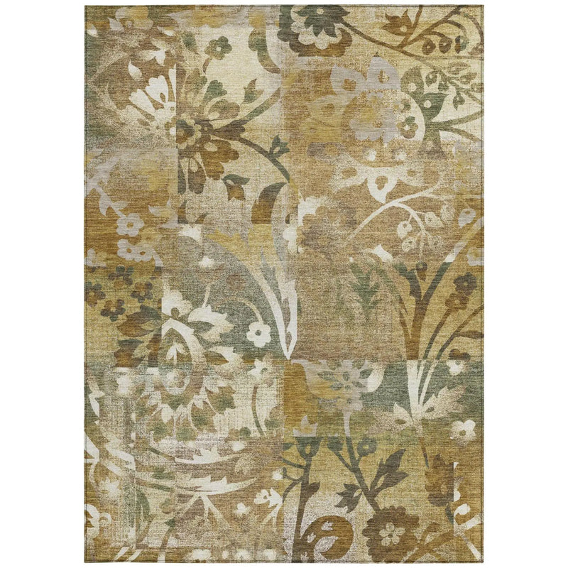 10' X 14' Walnut And Gold Botanical Leaves Washable Indoor Outdoor Area Rug Homeroots Outdoor
