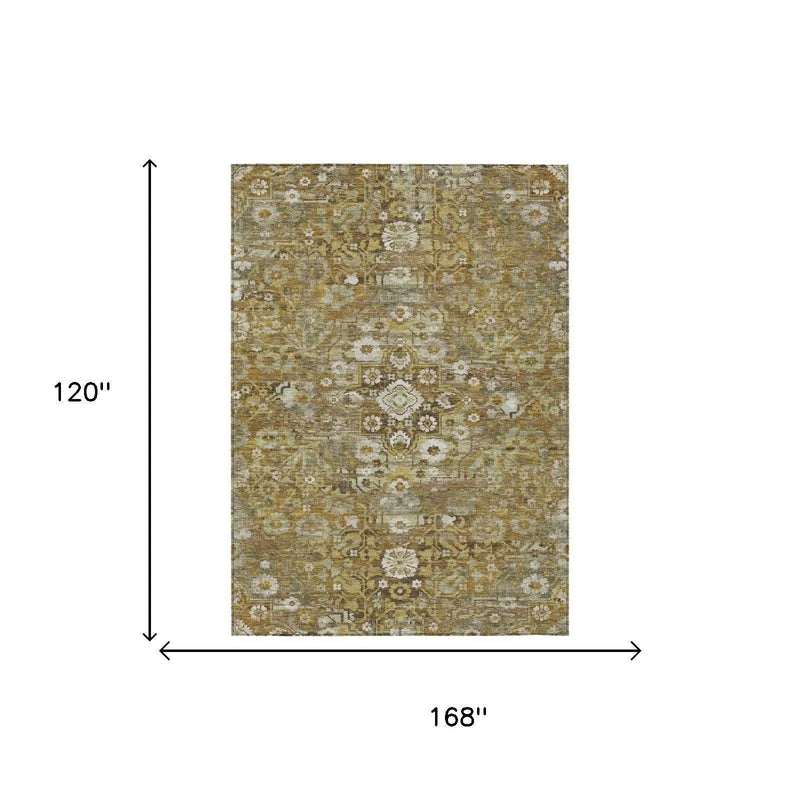 10' X 14' Walnut And Gold Floral Medallion Washable Indoor Outdoor Area Rug Homeroots Outdoor