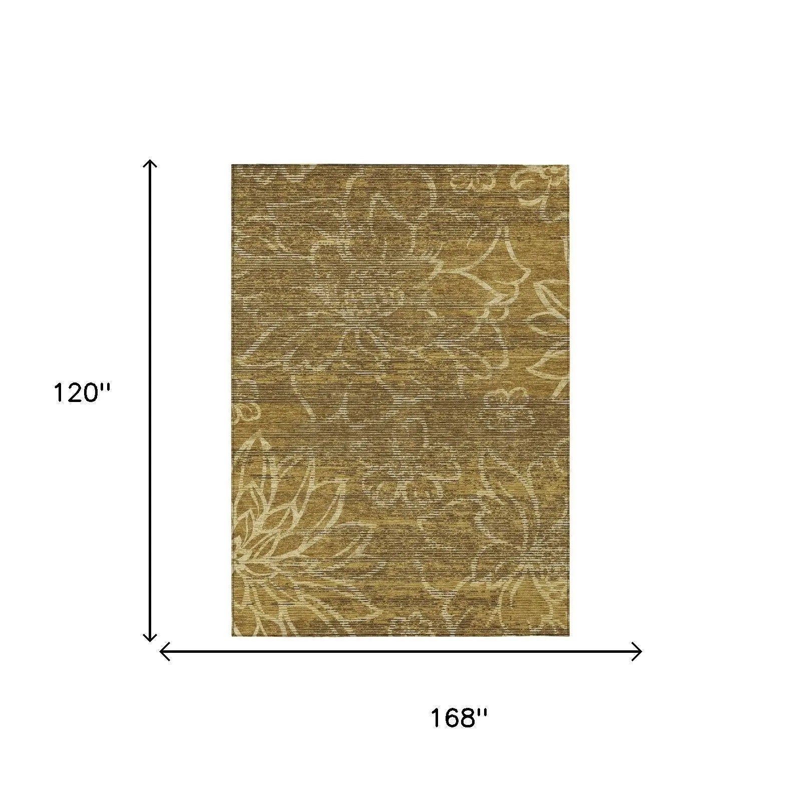 10' X 14' Walnut And Gold Floral Washable Indoor Outdoor Area Rug Homeroots Outdoor