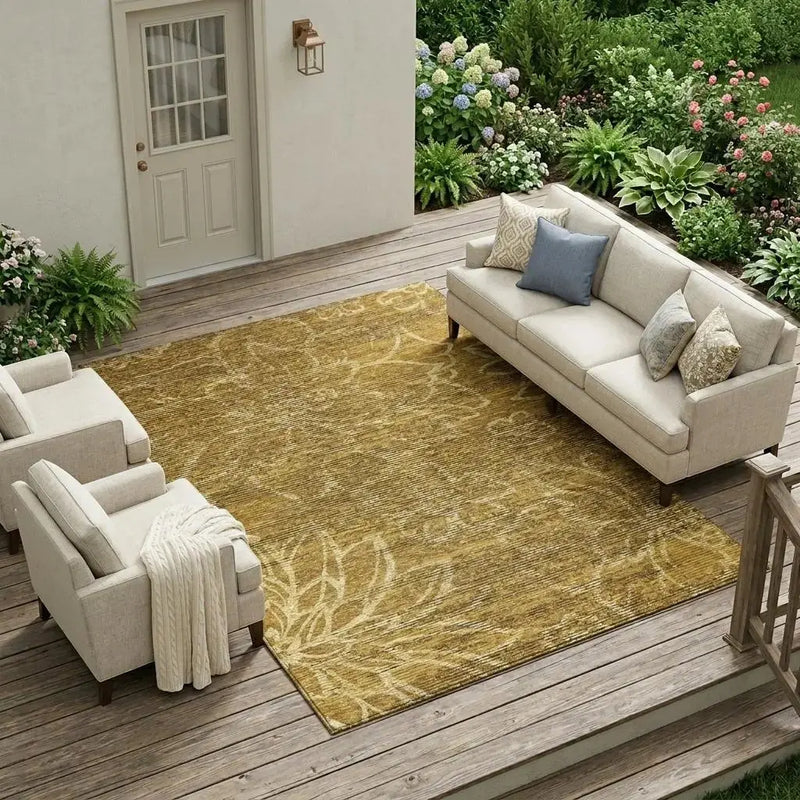 10' X 14' Walnut And Gold Floral Washable Indoor Outdoor Area Rug Homeroots Outdoor