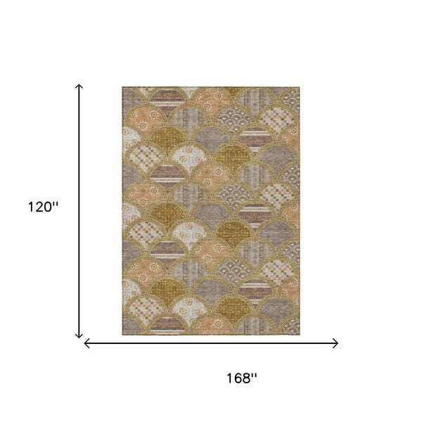 10' X 14' Walnut And Gold Geometric Washable Indoor Outdoor Area Rug Homeroots Outdoor