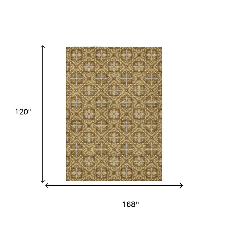 10' X 14' Walnut And Gold Geometric Washable Indoor Outdoor Area Rug Homeroots Outdoor