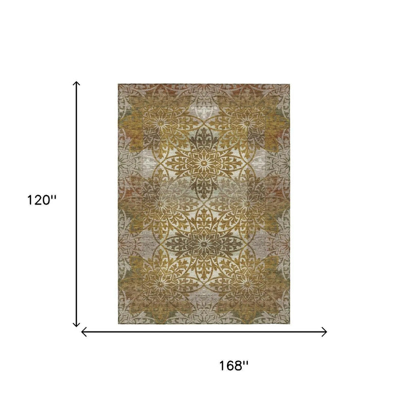 10' X 14' Walnut And Gold Oriental Washable Indoor Outdoor Area Rug Homeroots Outdoor