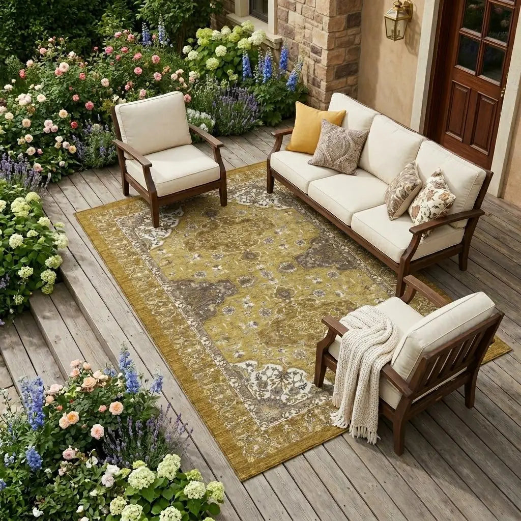 10' X 14' Walnut And Gold Oriental Washable Indoor Outdoor Area Rug Homeroots Outdoor