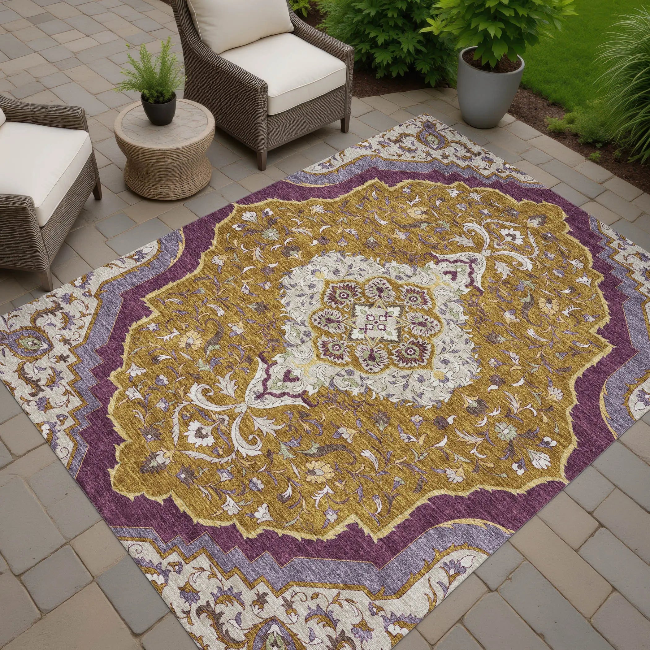 10' X 14' Walnut And Orange Medallion Washable Indoor Outdoor Area Rug Homeroots Outdoor