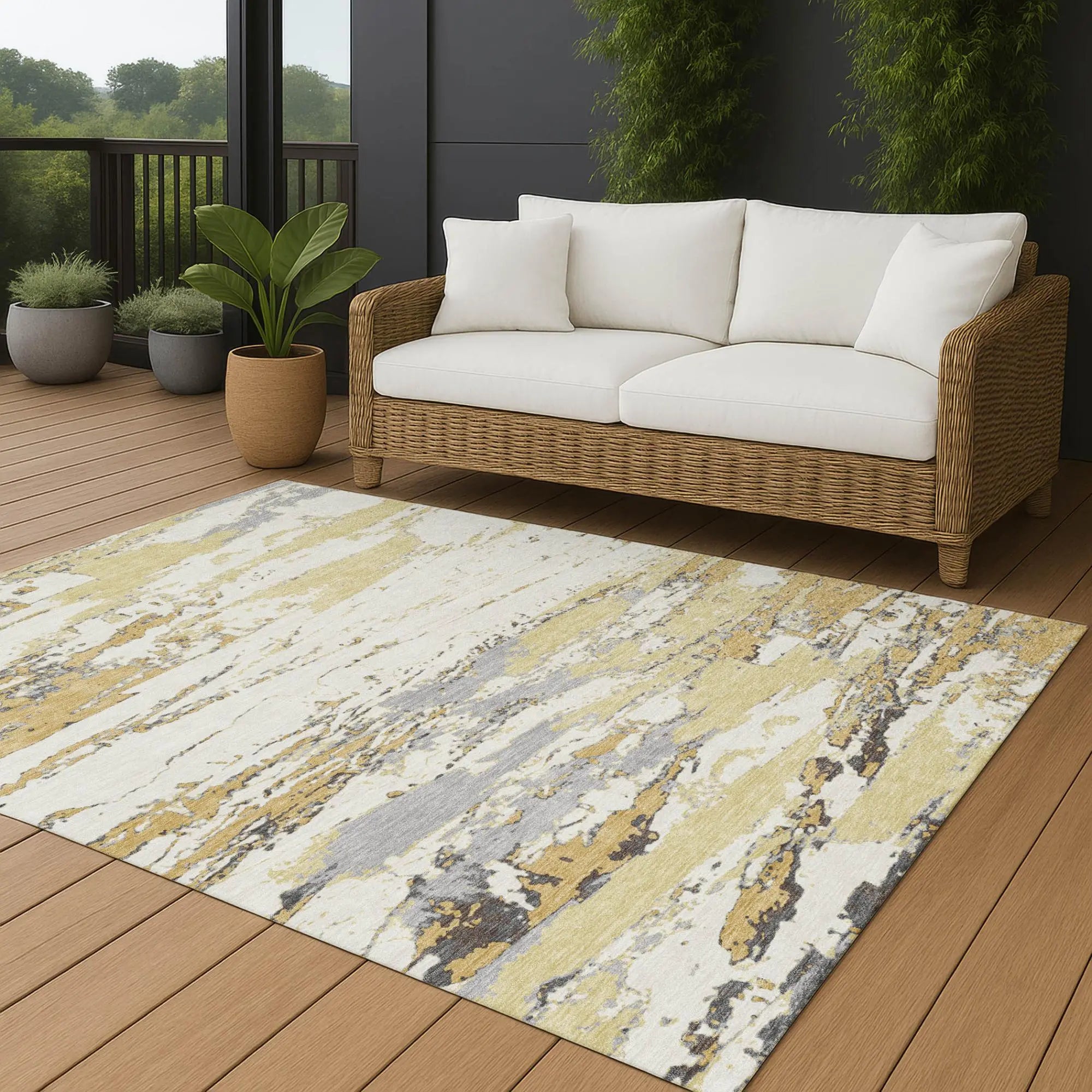 10' X 14' Wheat And Gold Abstract Washable Indoor Outdoor Area Rug Homeroots Outdoor