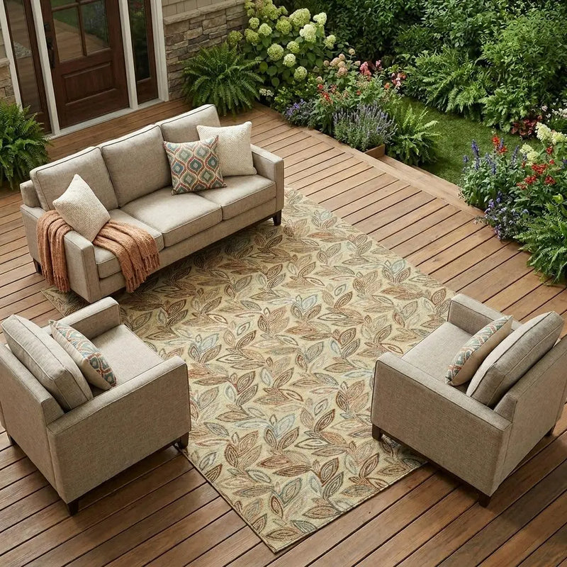 10' X 14' Wheat And Gold Botanical Leaves Washable Indoor Outdoor Area Rug Homeroots Outdoor