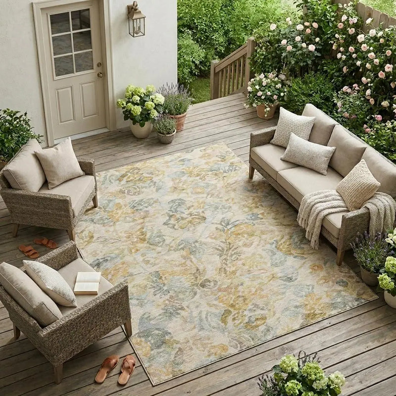 10' X 14' Wheat And Gold Floral Washable Indoor Outdoor Area Rug Homeroots Outdoor