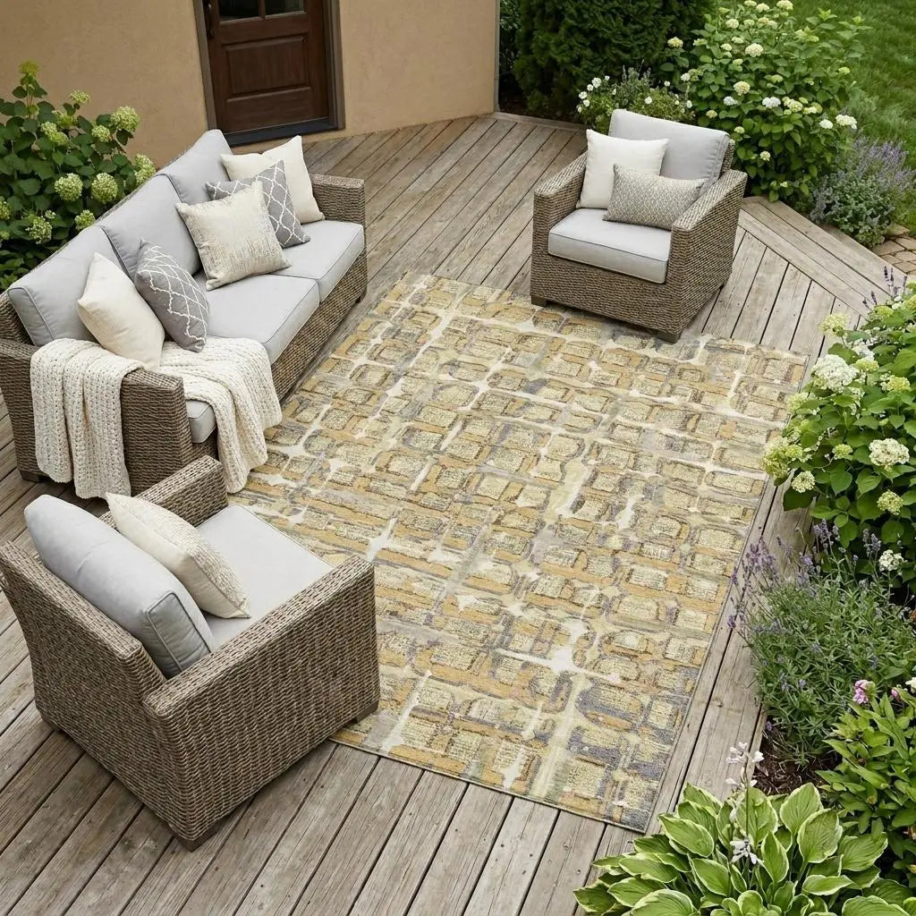 10' X 14' Wheat And Gold Geometric Washable Indoor Outdoor Area Rug Homeroots Outdoor