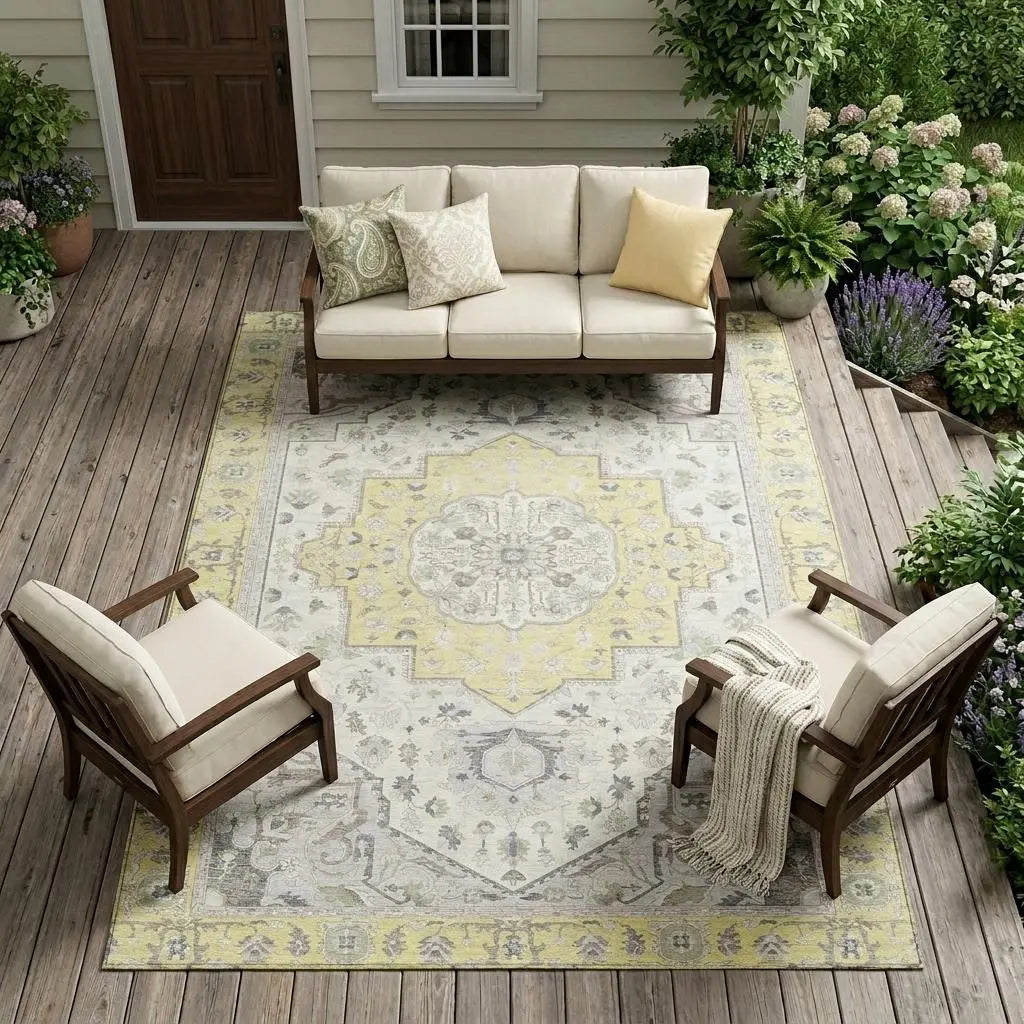 10' X 14' Yellow And Purple Oriental Washable Indoor Outdoor Area Rug Homeroots Outdoor