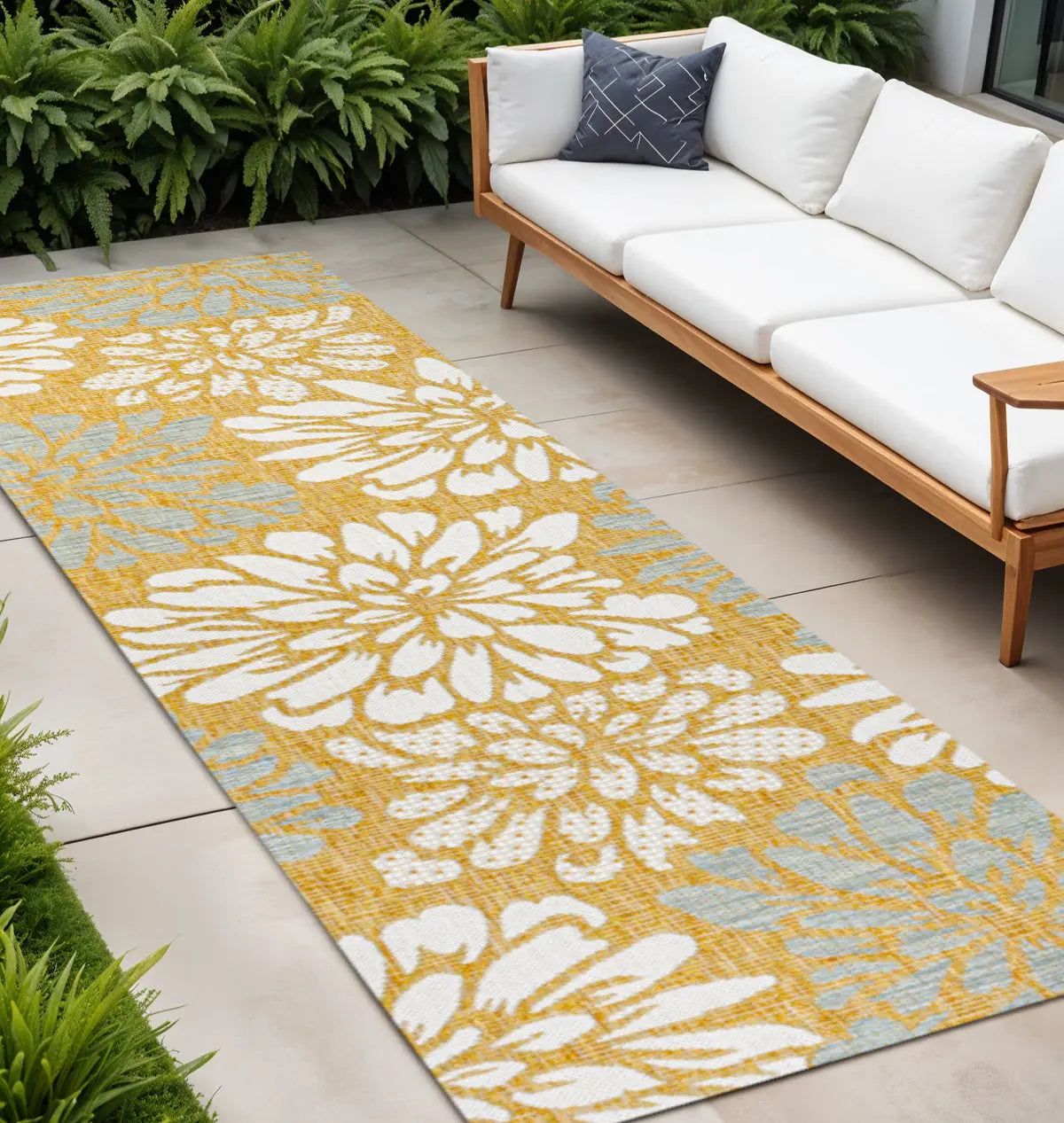 10' Yellow And Cream Floral Indoor Outdoor Runner Rug Homeroots Outdoor