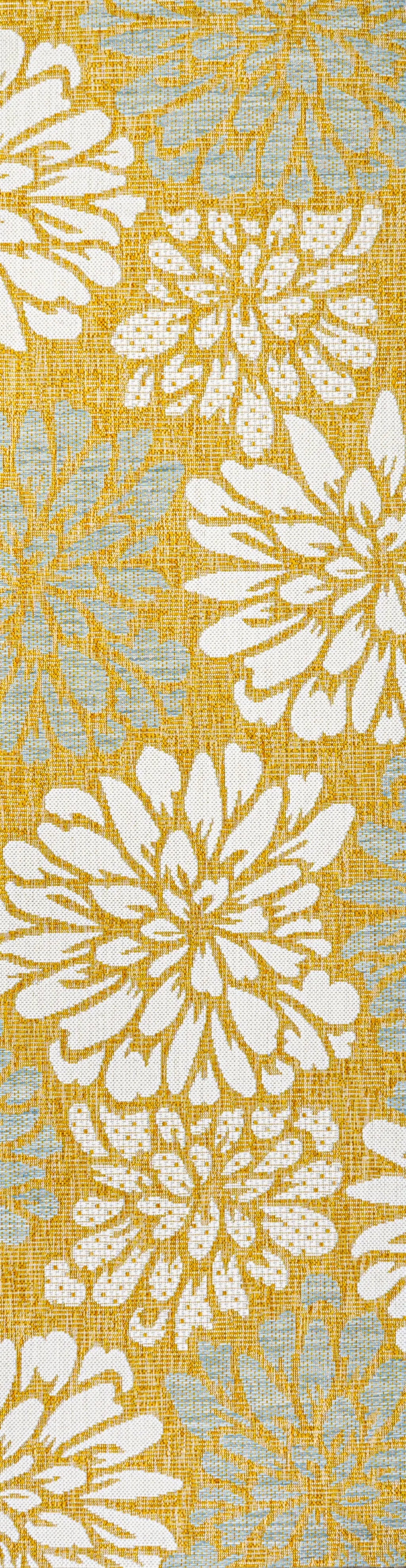 10' Yellow And Cream Floral Indoor Outdoor Runner Rug Homeroots Outdoor