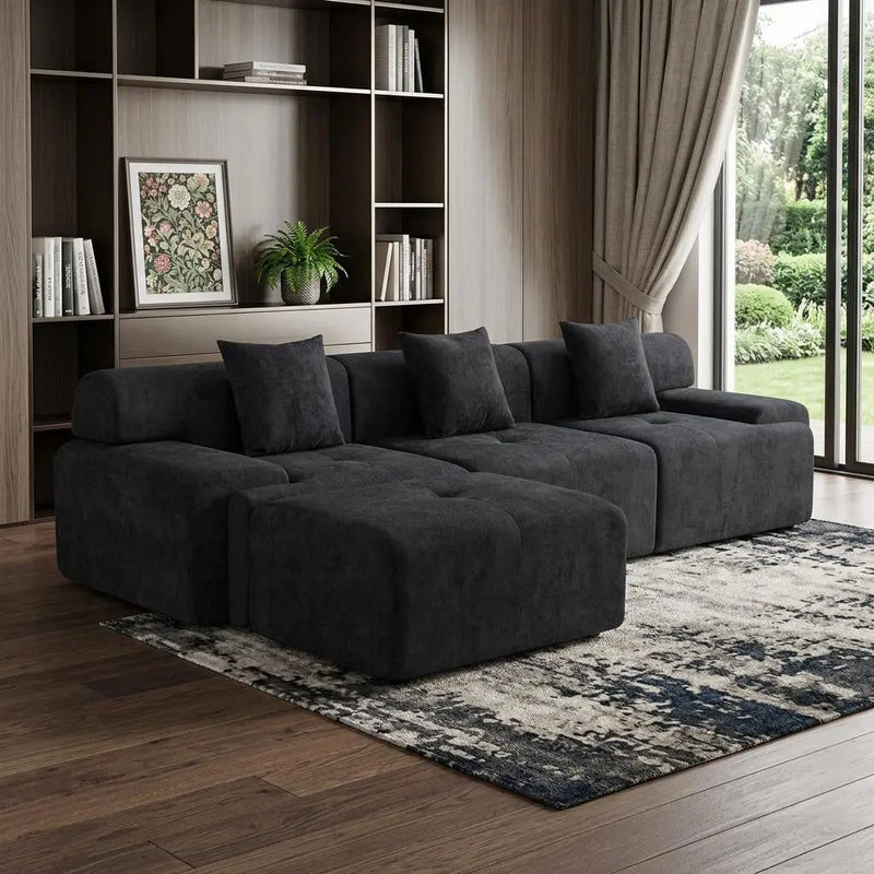 118" Black Chenille Modular Sofa With Ottoman And Toss Pillows Homeroots Living Room