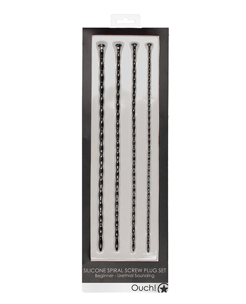 Shots Ouch Beginner Urethral Sounding Silicone Spiral Screw Plug Set - Black - GreatEagleInc