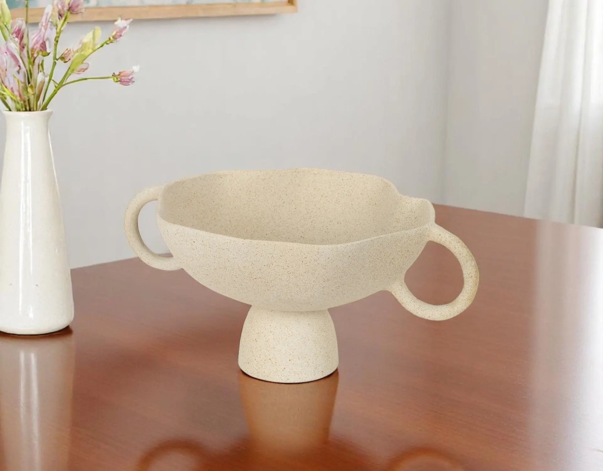 11" Beige Cast Aluminum Round Pedestal Centerpiece Bowl With Handles - GreatEagleInc