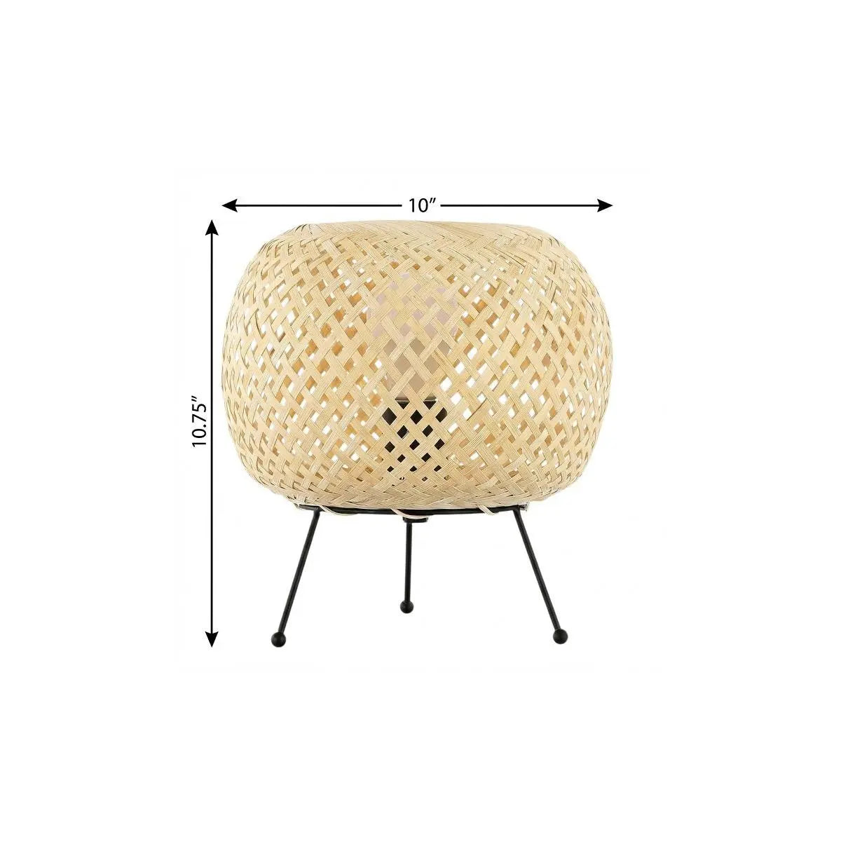 Natural rattan woven table lamp with black iron legs, 10" diameter, modern bohemian style.
