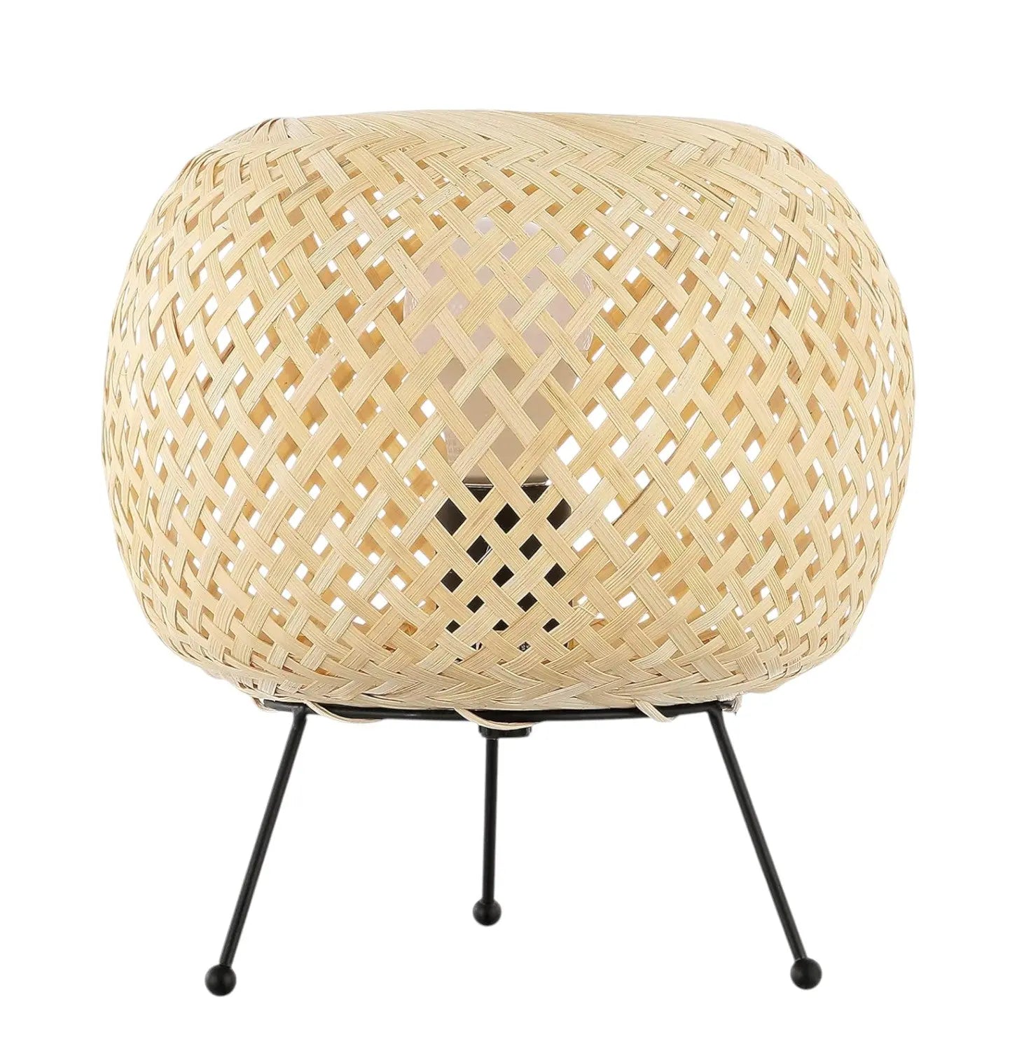 Natural woven rattan table lamp with black metal stand, featuring a unique round design and warm, ambient glow.