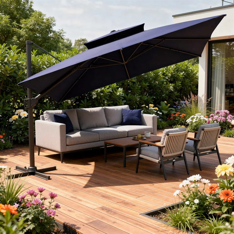 11' Navy Blue Polyester Round Tilt Cantilever Patio Umbrella With Stand Homeroots Outdoor