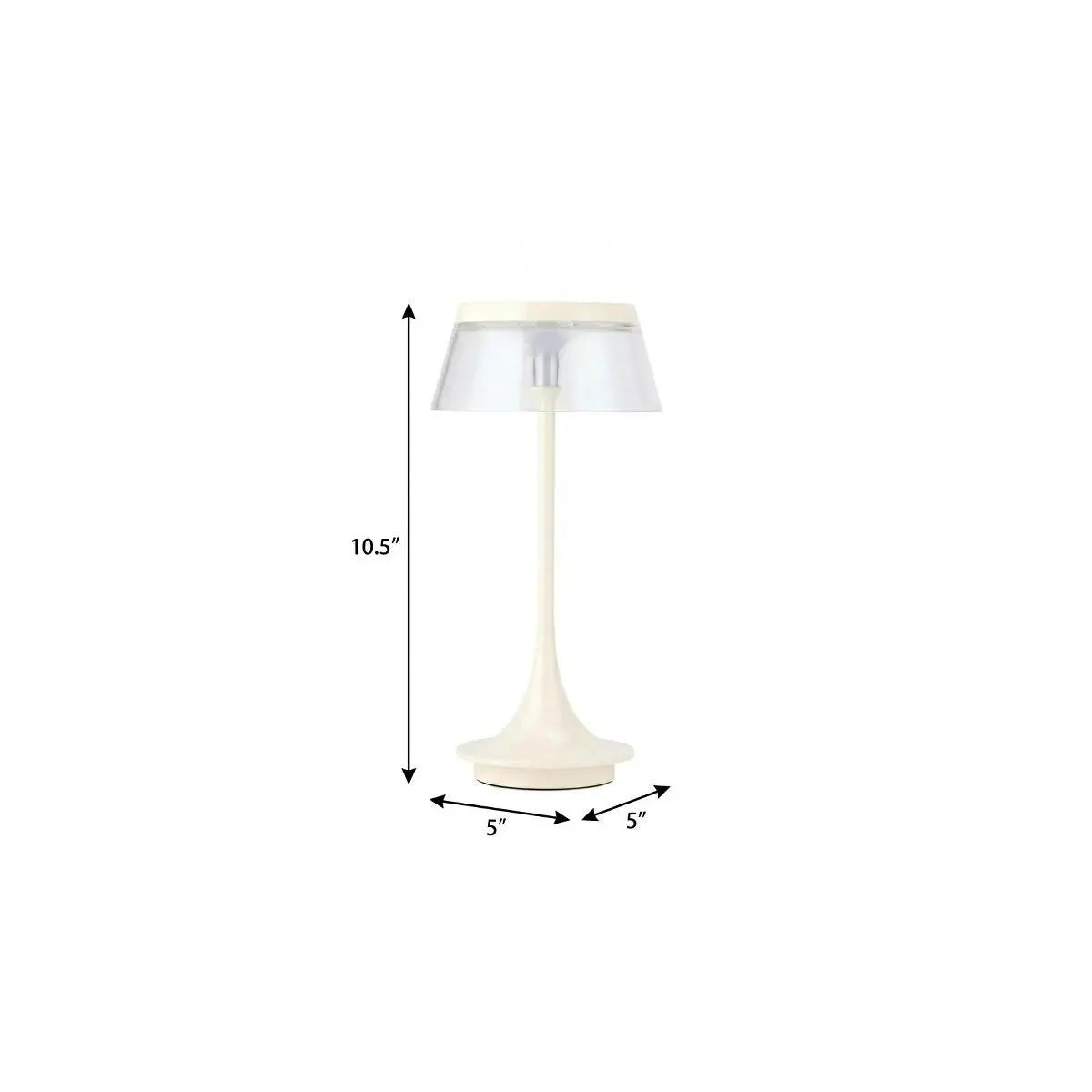 White modern table lamp with a transparent shade, measuring 10.5" tall and 5" wide, perfect for contemporary decor.