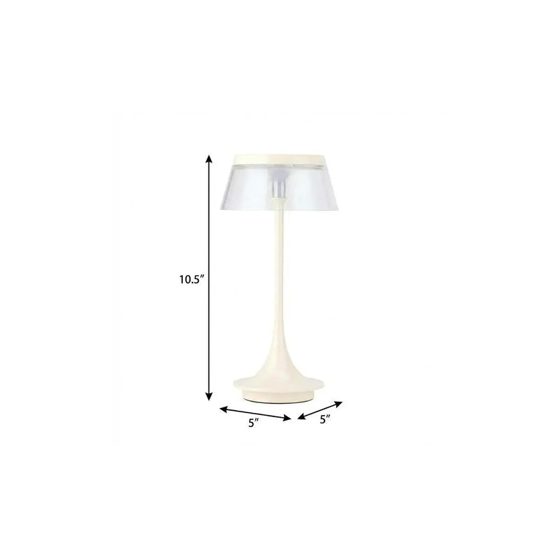White modern table lamp with a transparent shade, measuring 10.5" tall and 5" wide, perfect for contemporary decor.