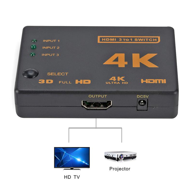 4K/2K/1080P HDMI Splitter 3 input 1 output Port Hub HDMI Video Switch Switcher Box Hub for Display DVD HDTV for Xbox PS3 PS4
