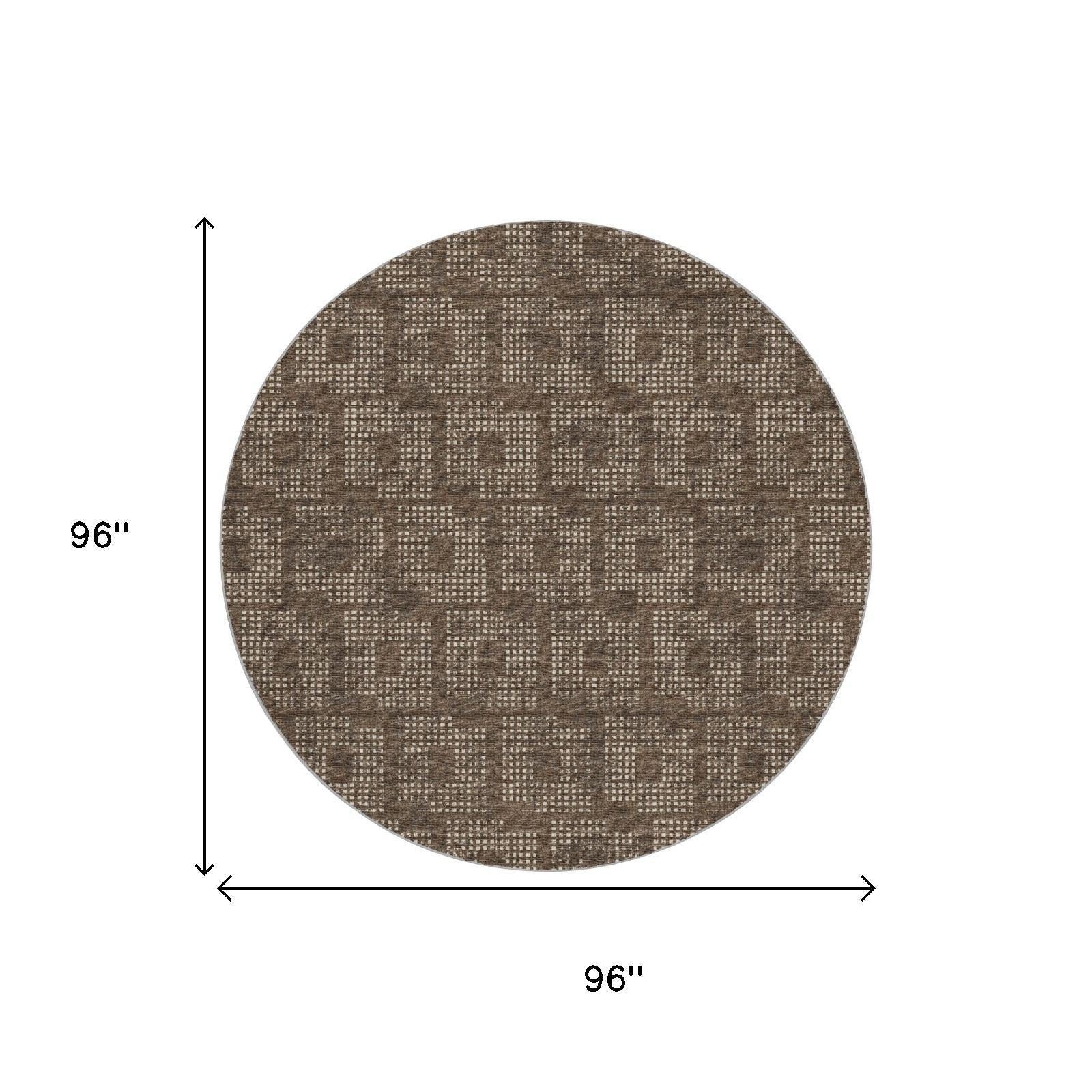 8' Brown And Beige Geometric Shag Washable Round Rug With UV Protection - Home & Garden