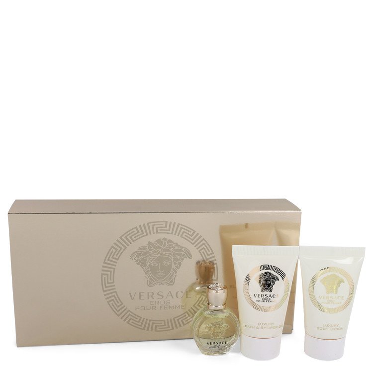 Versace Eros by Versace Gift Set -- .17 oz Mini EDP + .8 oz Shower Gel + .8 oz Body Lotion for Women - GreatEagleInc