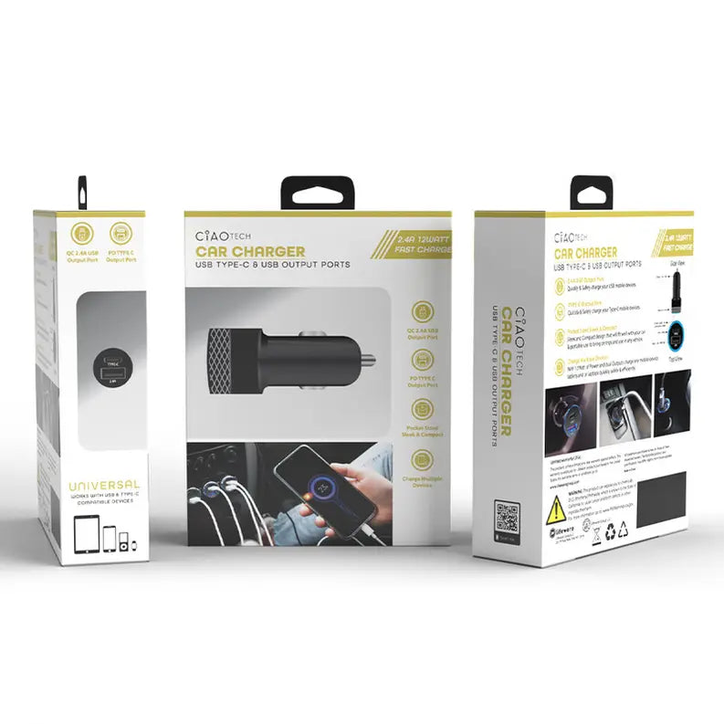 12V Car Charger USB-A & USB-C Output - Black CIAO Tech