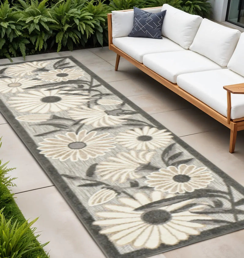 12' Beige And Charcoal Floral Indoor Outdoor Runner Rug Homeroots Outdoor