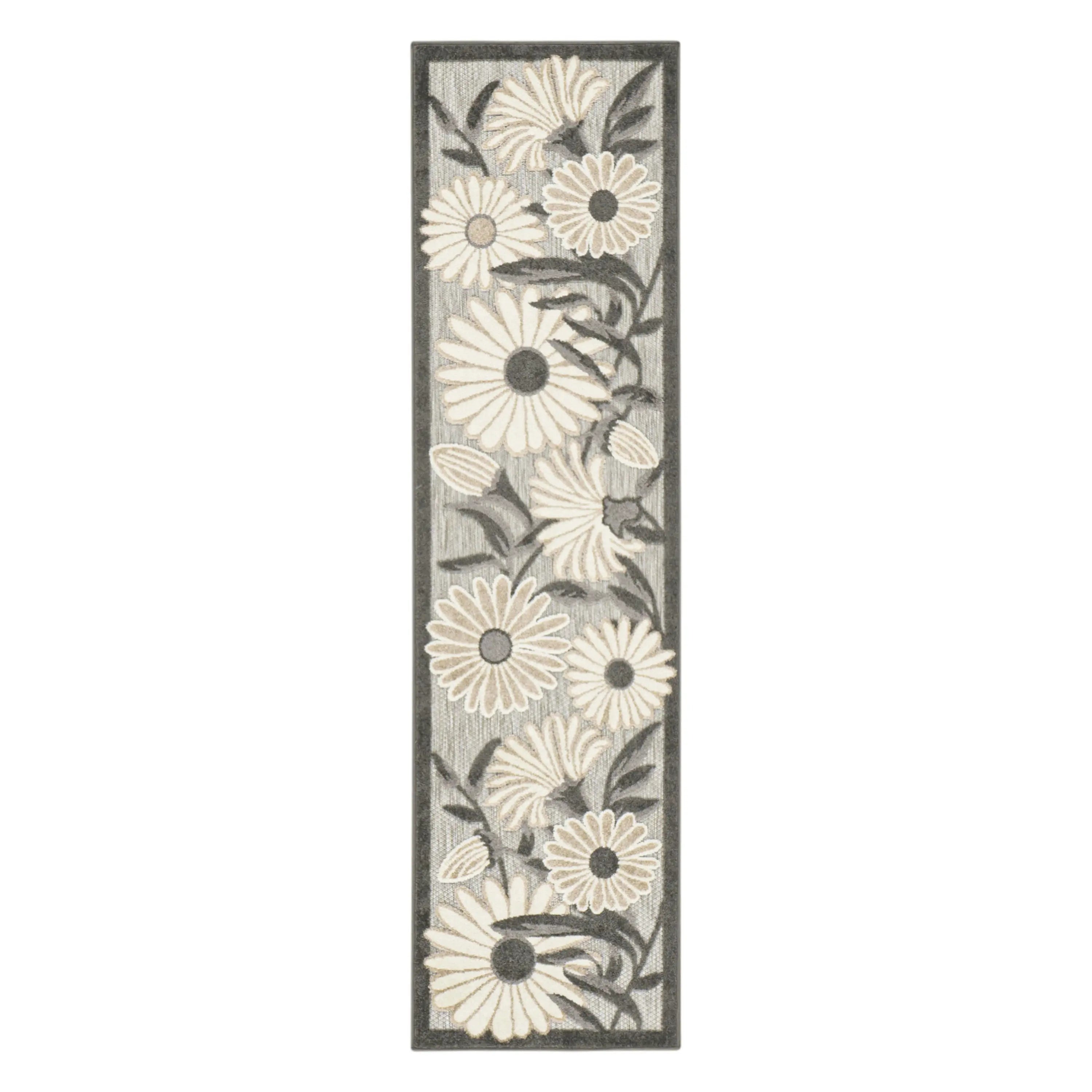 12' Beige And Charcoal Floral Indoor Outdoor Runner Rug Homeroots Outdoor