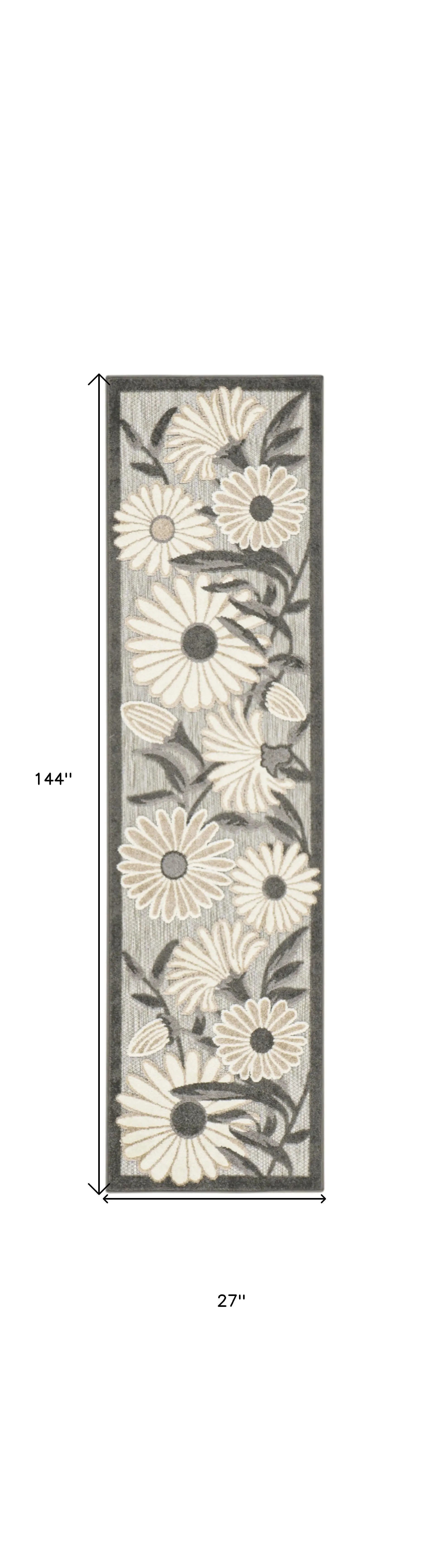 12' Beige And Charcoal Floral Indoor Outdoor Runner Rug Homeroots Outdoor