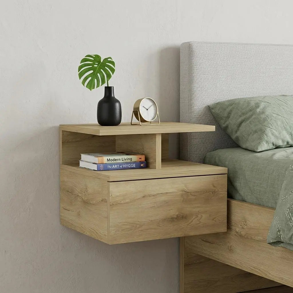 12" Beige Wood One Drawer Floating Nightstand Homeroots Bed & Bath