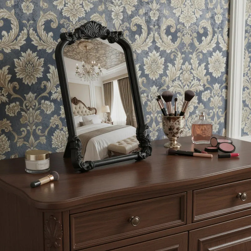 12" Black Solid Wood Scalloped Framed Makeup Shaving Tabletop Mirror Homeroots Bed & Bath