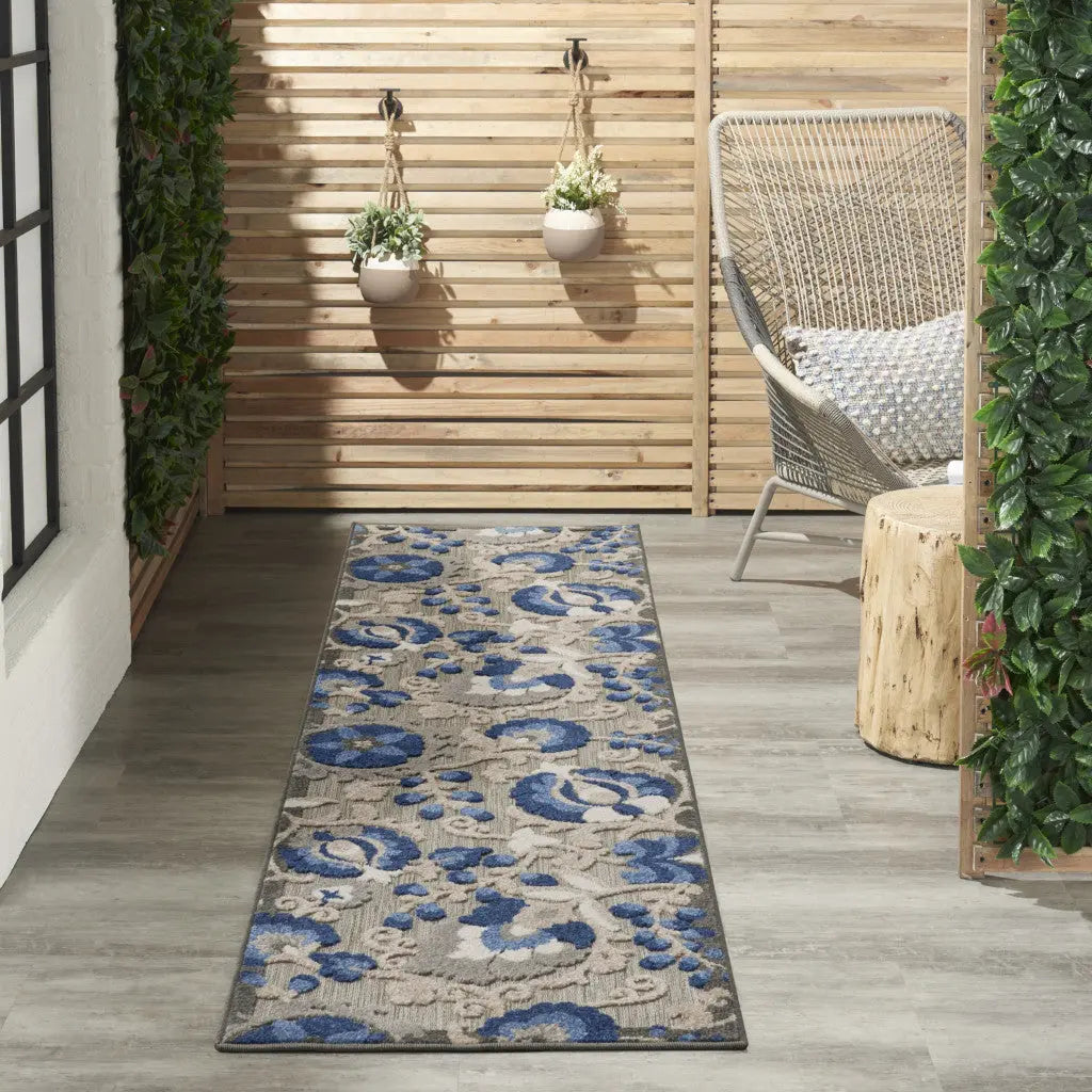 12' Blue And Gray Indoor Outdoor Runner Rug - GreatEagleInc