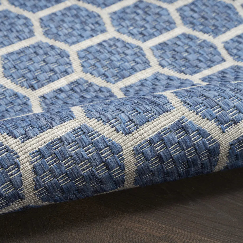 12' Blue And Ivory Geometric Indoor Outdoor Runner Rug Homeroots Outdoor