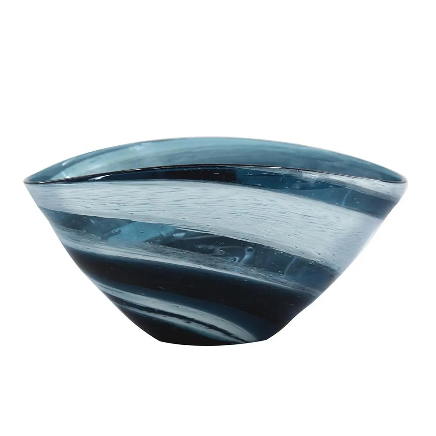 12" Blue And White Glass Swirl Stripe Oval Centerpiece Bowl Homeroots Kitchen & Dining
