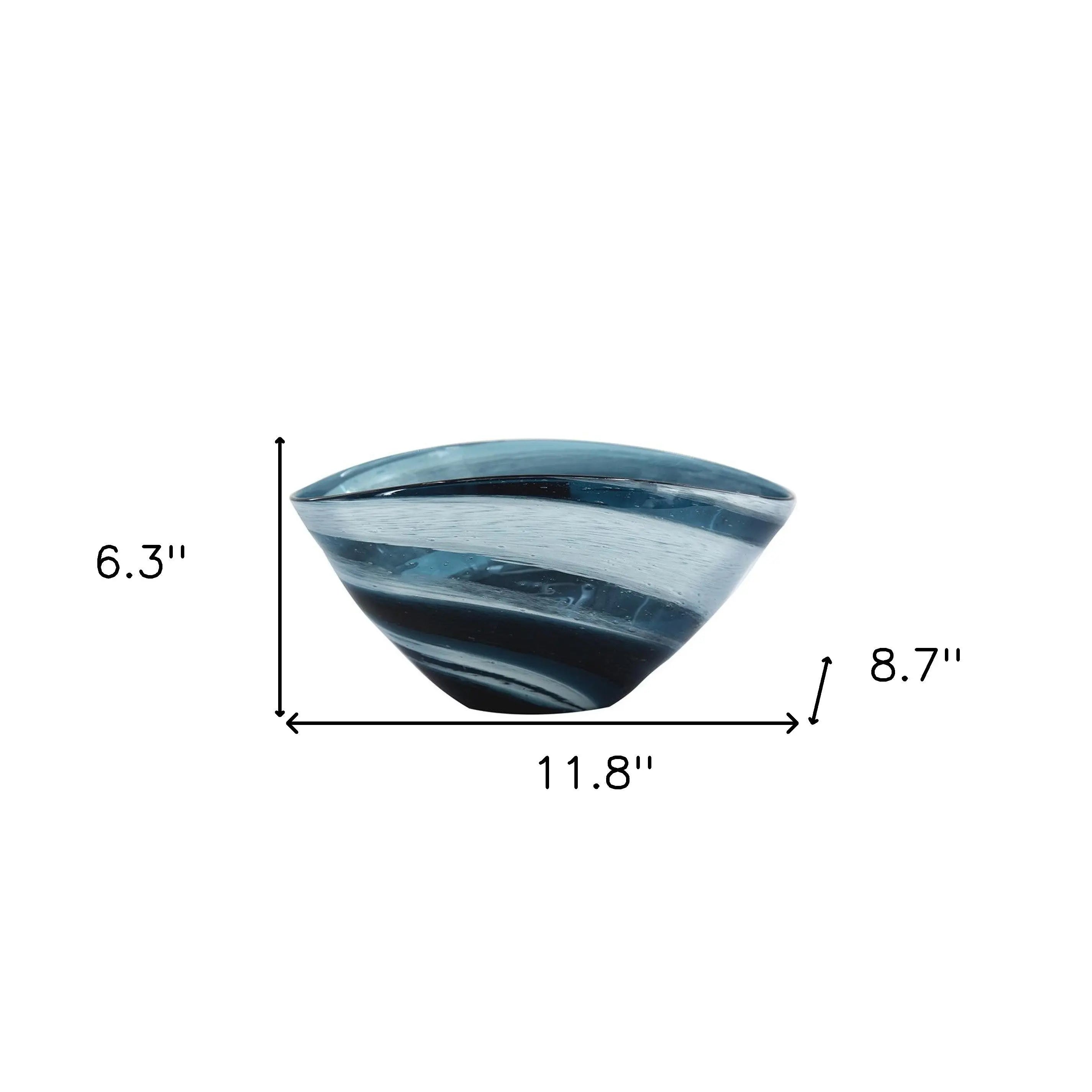 12" Blue And White Glass Swirl Stripe Oval Centerpiece Bowl Homeroots Kitchen & Dining