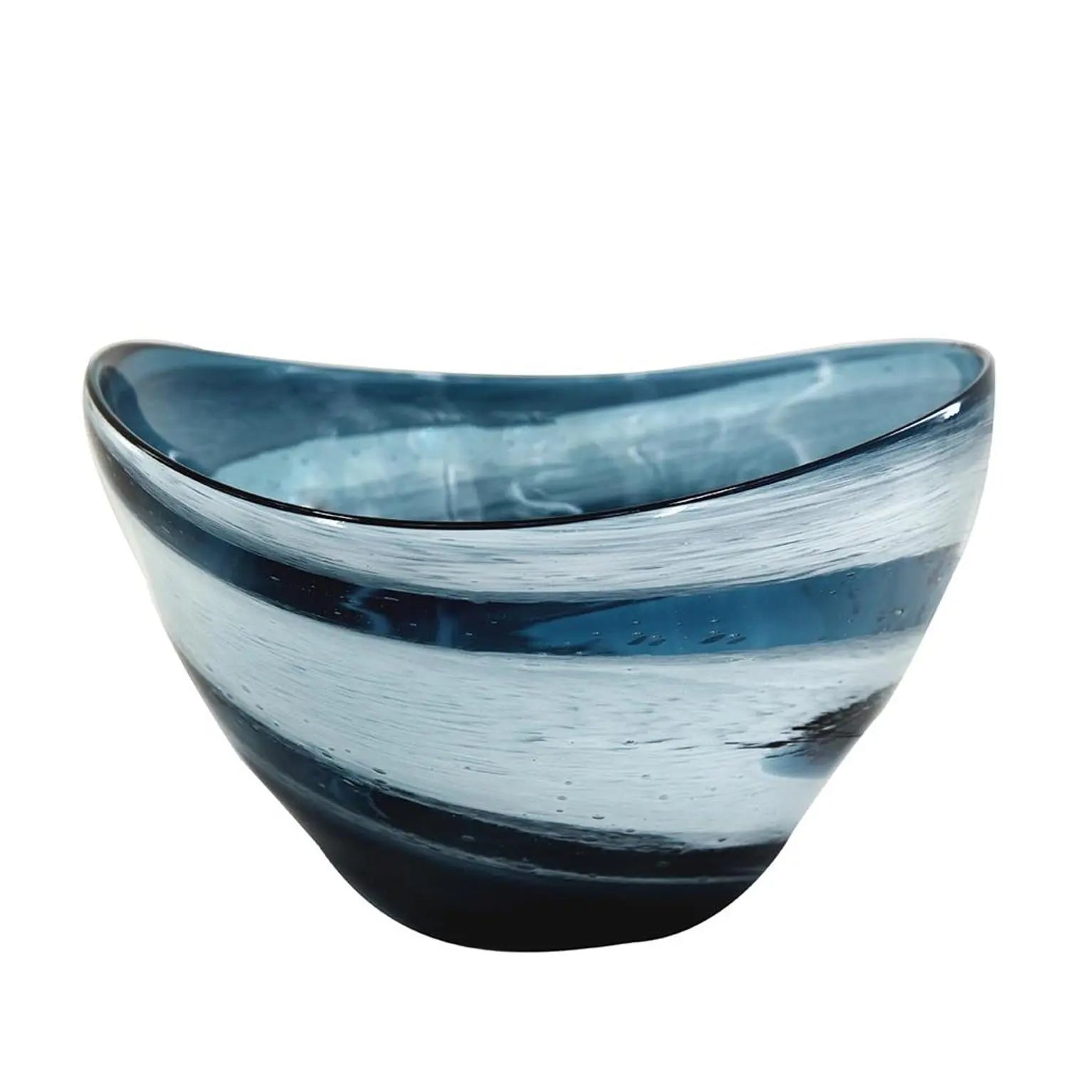 12" Blue And White Glass Swirl Stripe Oval Centerpiece Bowl Homeroots Kitchen & Dining