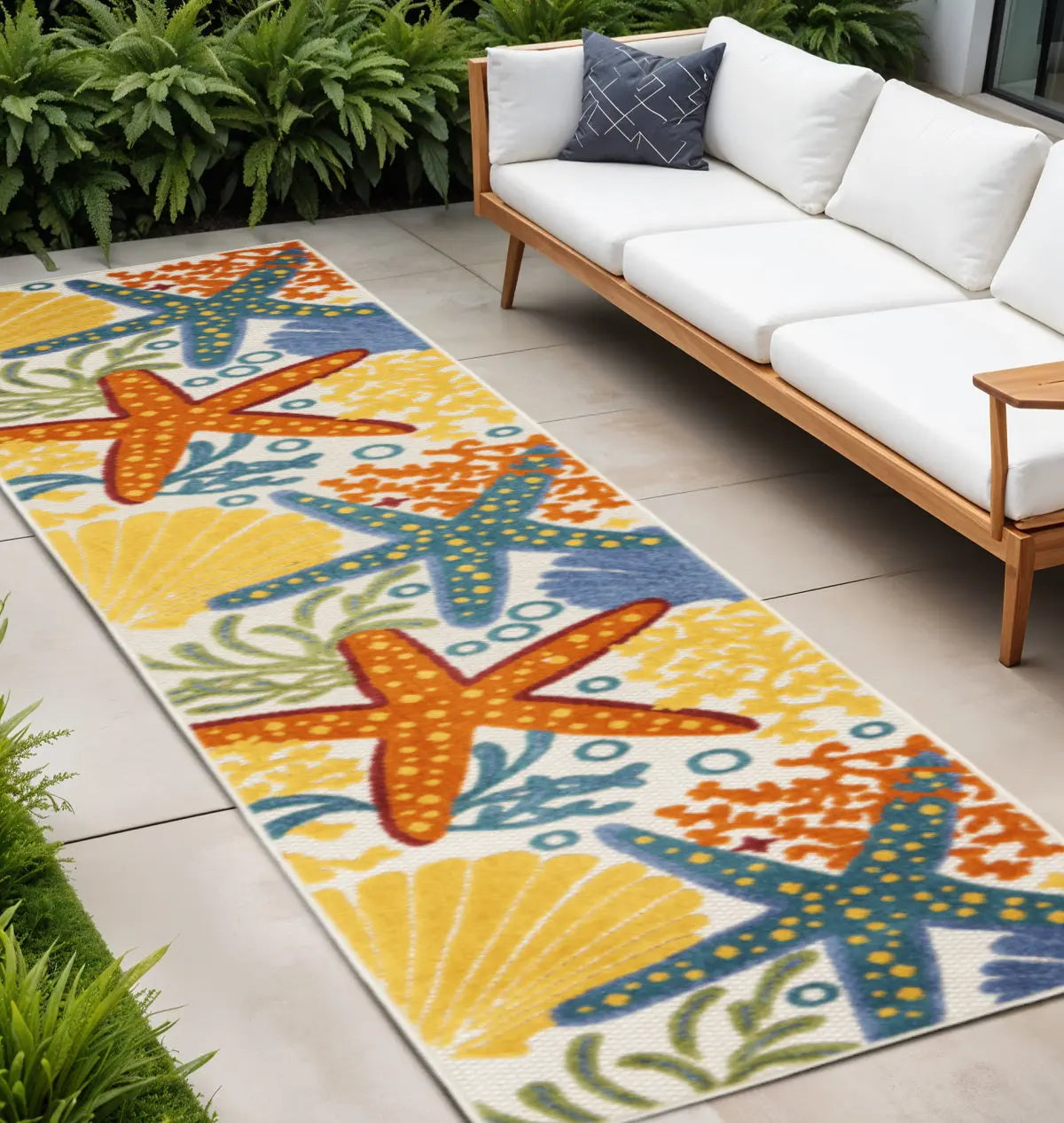 12' Blue And Yellow Indoor Outdoor Runner Rug - GreatEagleInc