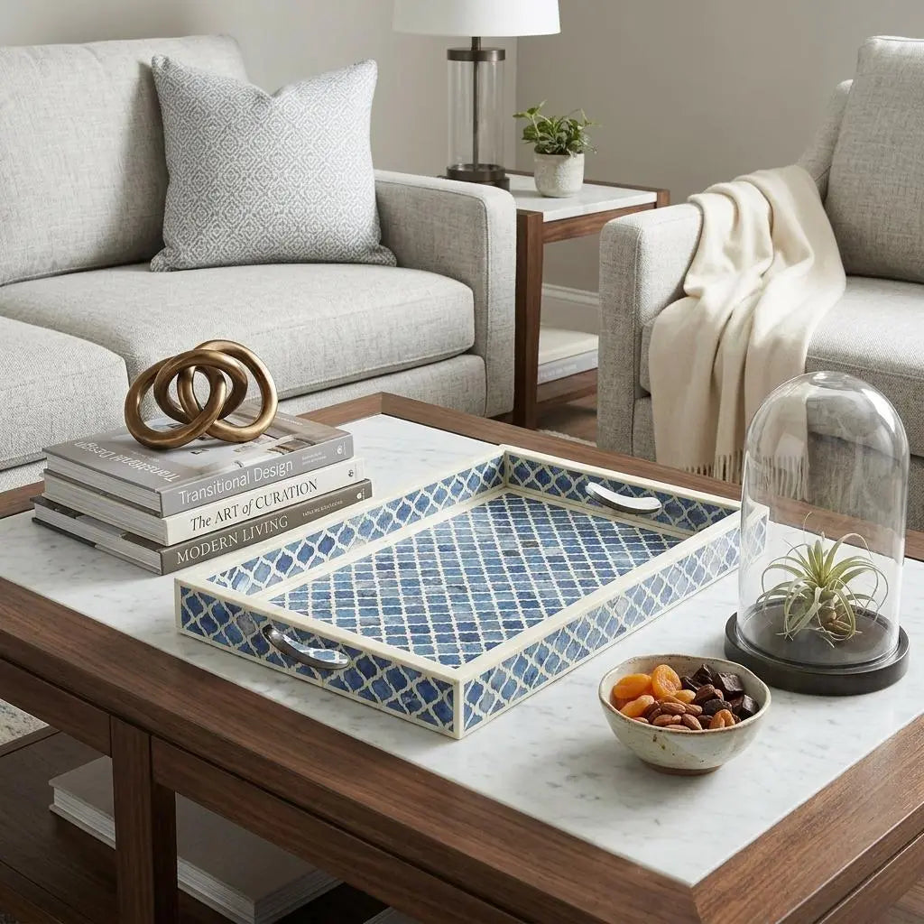 12" Blue Wood Geometric Serving Tray Homeroots Kitchen & Dining