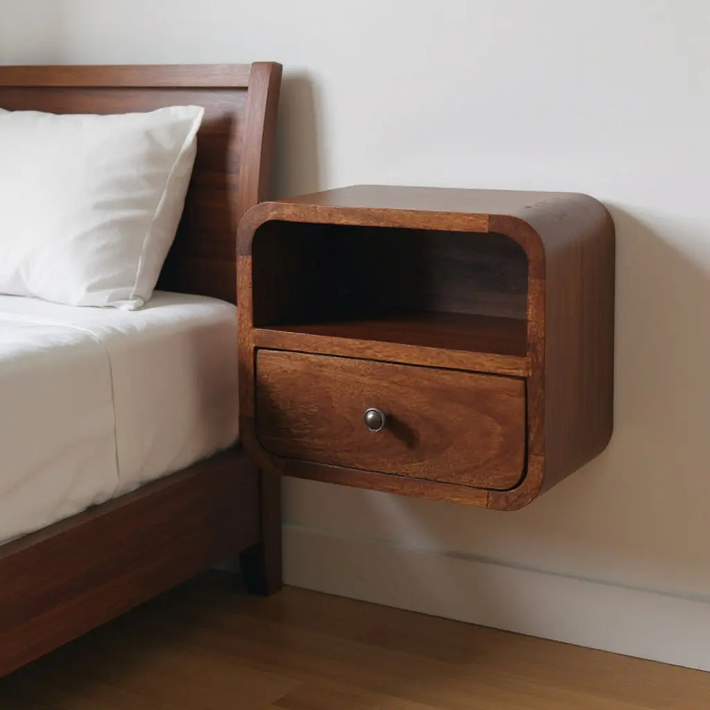 12" Brown Solid Wood Square One Drawer Floating Nightstand Homeroots Bed & Bath