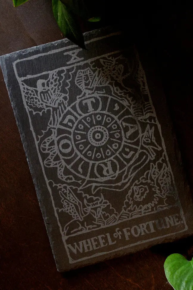 12" Engraved Slate Wheel Of Fortune Tarot Card Trivet Three Witches