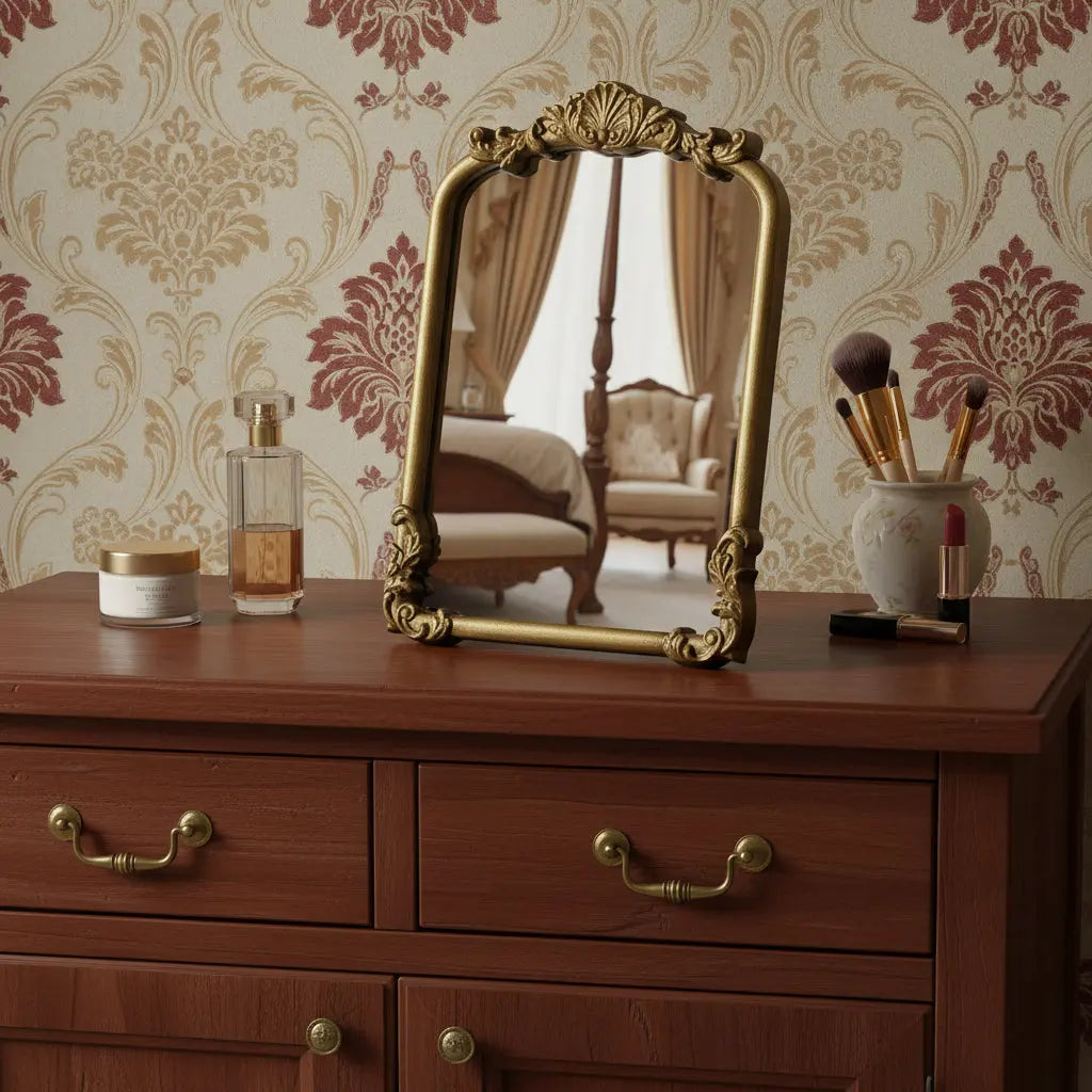 12" Gold Solid Solid Wood Scalloped Framed Makeup Shaving Tabletop Mirror Homeroots Bed & Bath