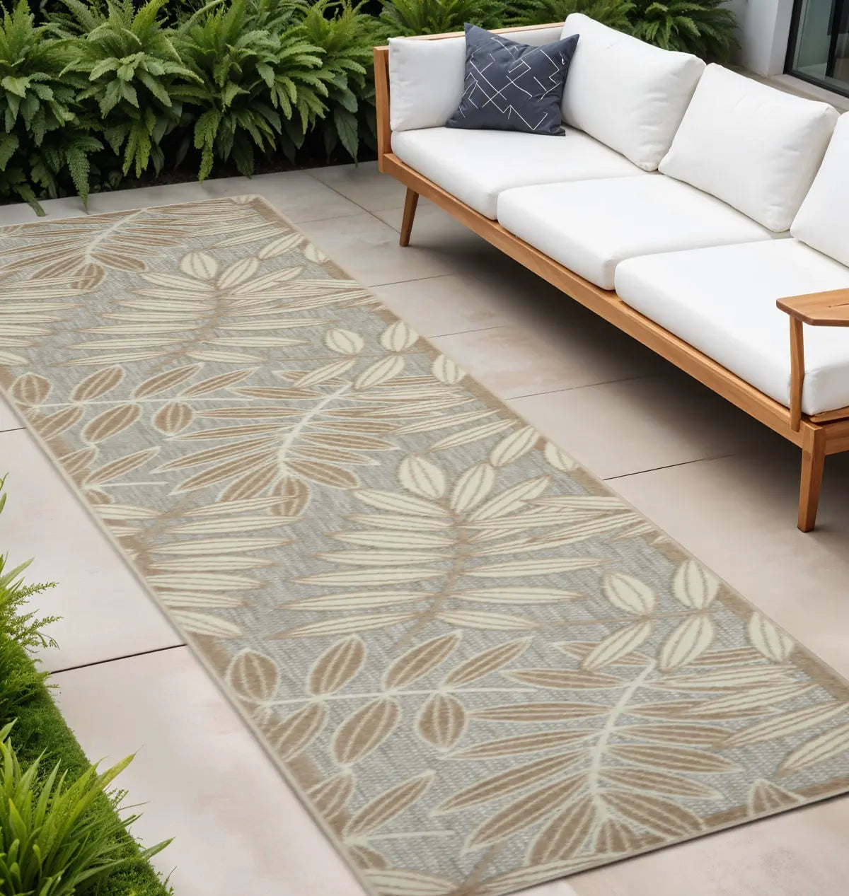 12' Gray And Ivory Floral Indoor Outdoor Runner Rug - GreatEagleInc