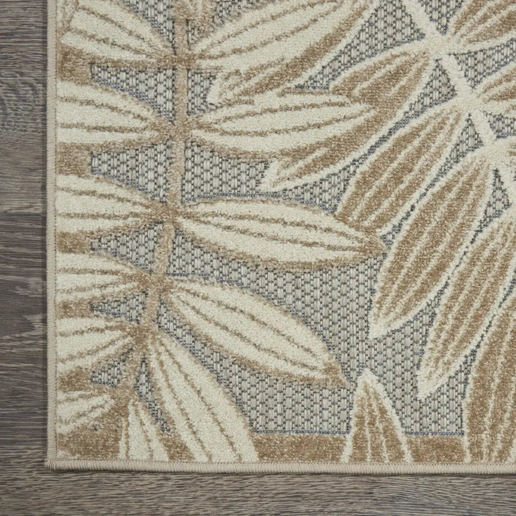 12' Gray And Ivory Floral Indoor Outdoor Runner Rug - GreatEagleInc