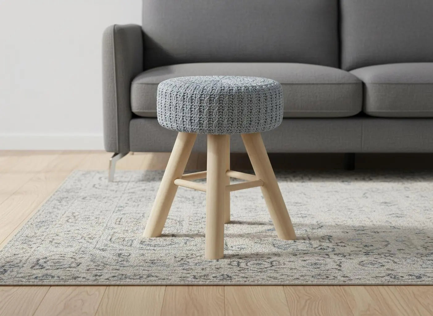 12" Gray Fabric and Natural Round Ottoman Homeroots Living Room