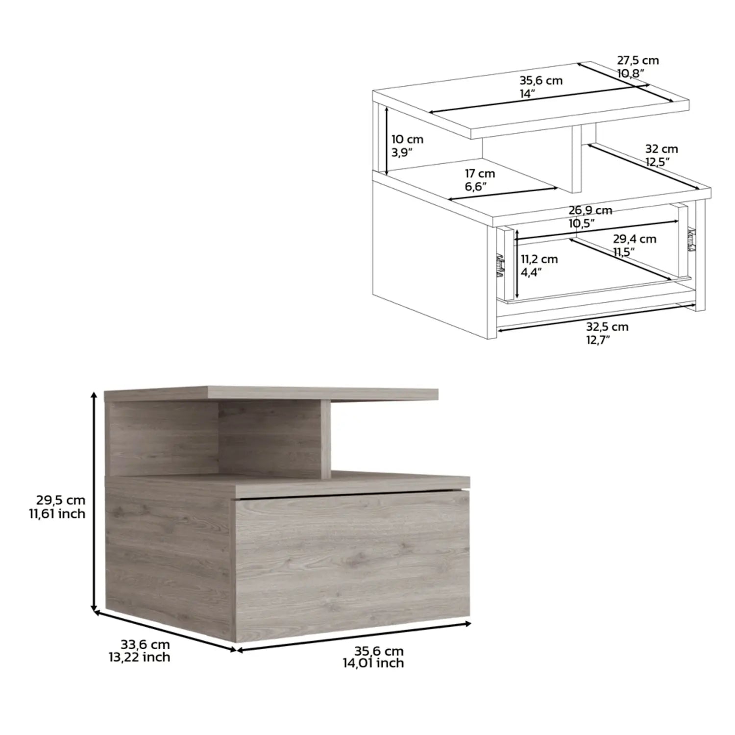 12" Gray Wood One Drawer Floating Nightstand Homeroots Bed & Bath