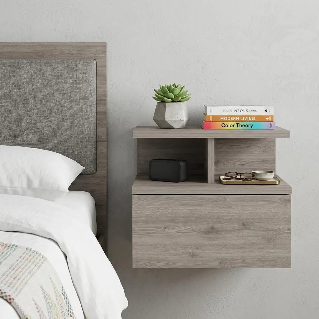 12" Gray Wood One Drawer Floating Nightstand Homeroots Bed & Bath