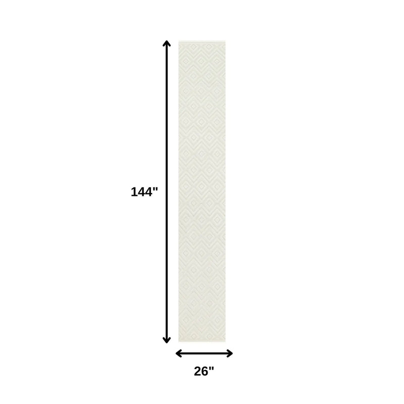 12' Ivory And White Geometric Indoor Outdoor Runner Rug Homeroots Outdoor