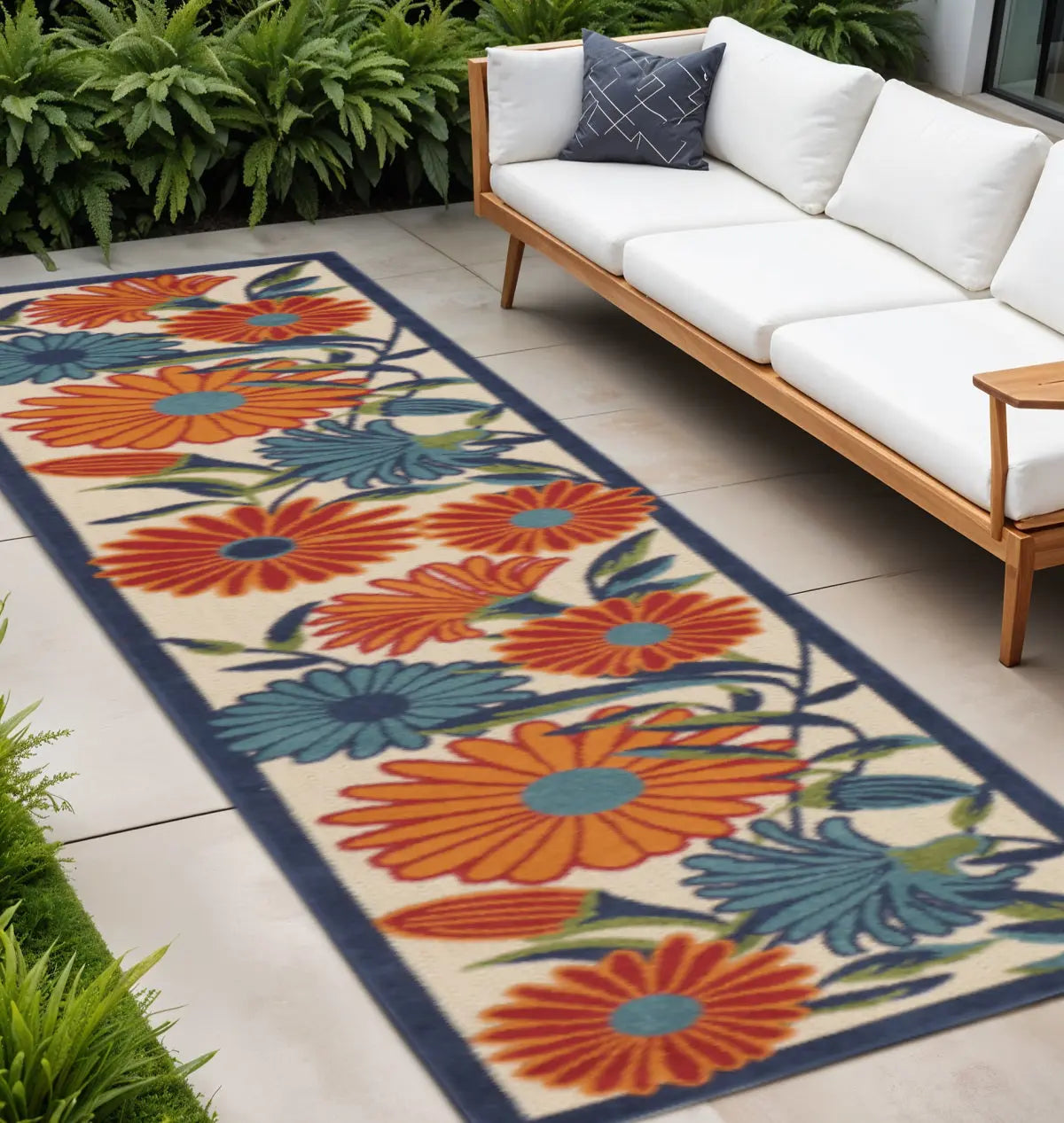 12' Ivory Blue And Orange Floral Indoor Outdoor Runner Rug Homeroots Outdoor